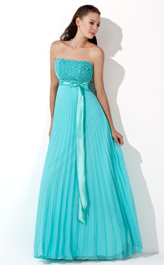 A-Lijn/Prinses Strapless Vloerlengte Chiffon Satijnzijde Avondjurk met Roes Lovertjes (017013100)
