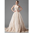 A-Line/Princess Halter Chapel Train Satin Tulle Wedding Dress With Lace Beadwork (002000154)