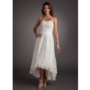 A-Line/Princess Sweetheart Asymmetrical Satin Tulle Wedding Dress With Lace Beadwork (002011546)